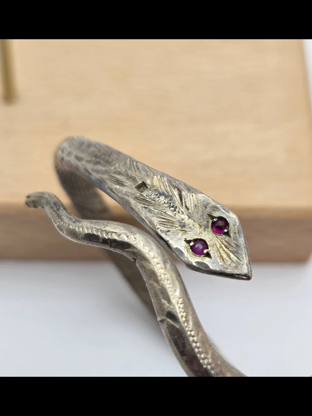 Vintage Sterling Silver Egyptian Revival Snake Bypass Cuff Bracelet Ruby Eyes